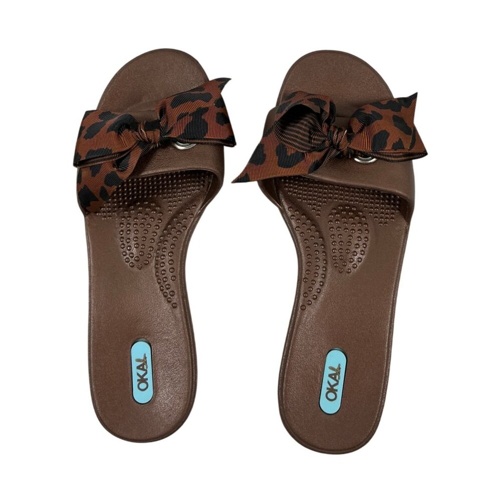 OKA B Leopard Bow Slide Sandals – Brown Slip-On – Size M - Picture 2 of 4